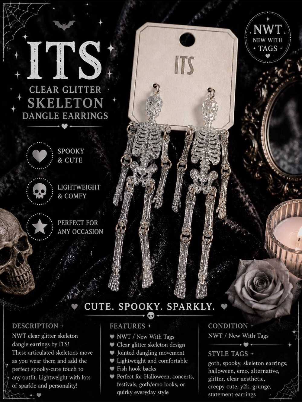 NWT ITS Silver Glitter Skeleton Dangle Earrings Goth Halloween Spooky Cute